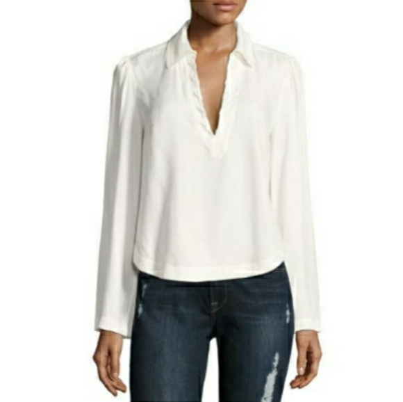 FRAME Whipstitch V-Neck Blouse Top, Off White - Picture 4 of 8